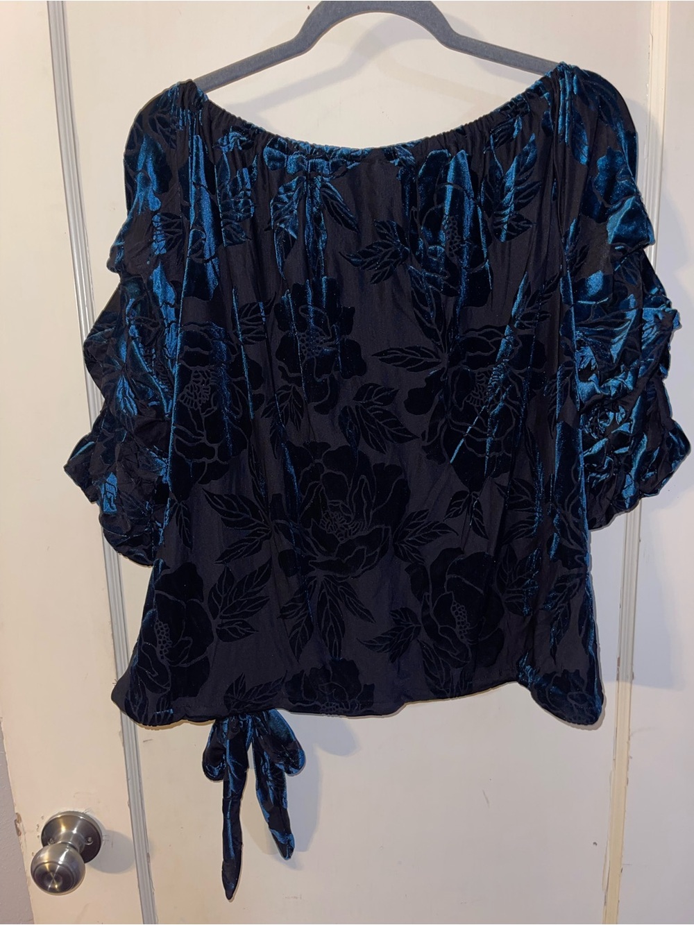Women's Blue-green Velvet Floral Off-Shoulder Top
